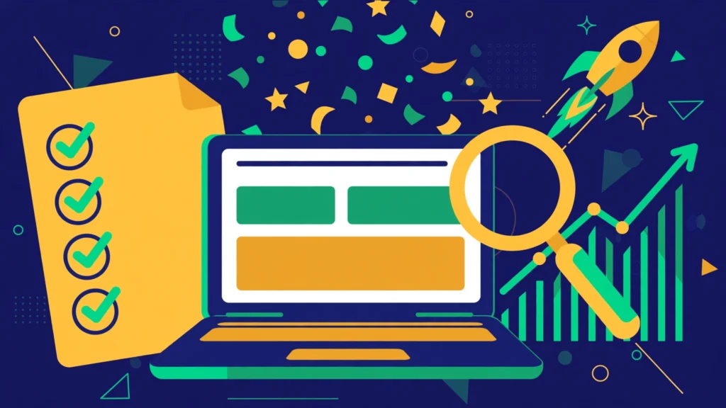 SEO for new website checklist: flat vector illustration of a website launch checklist with ranking charts and a search magnifier