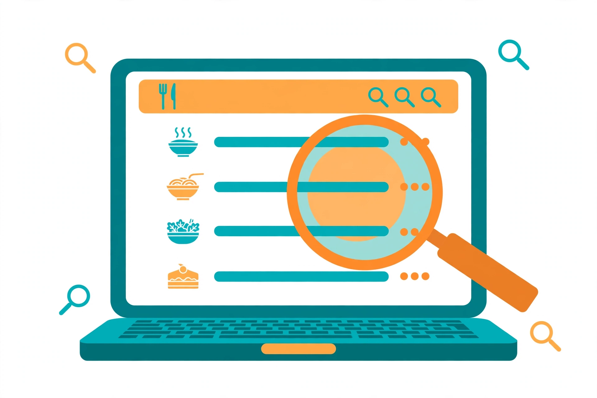 SEO for restaurants menu page, laptop with optimized dish listings under a magnifying glass