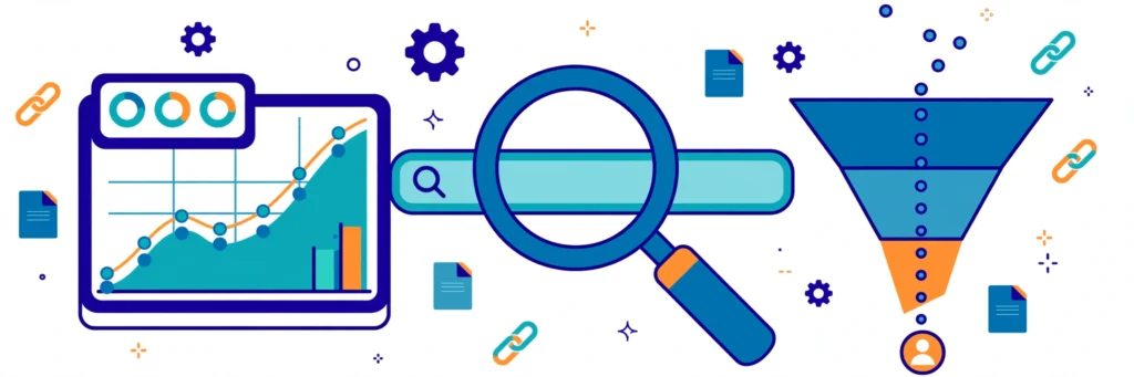 SEO for SaaS playbook — dashboard with rising organic growth, search funnel, and link icons