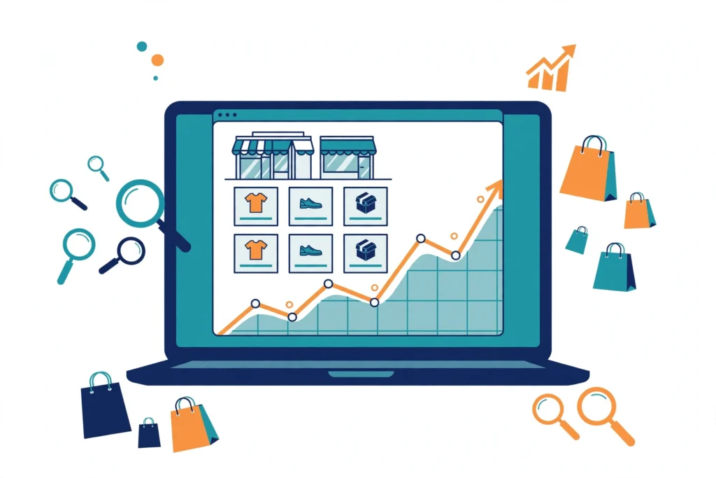 SEO for Shopify — online store on a laptop with rising organic growth chart illustration