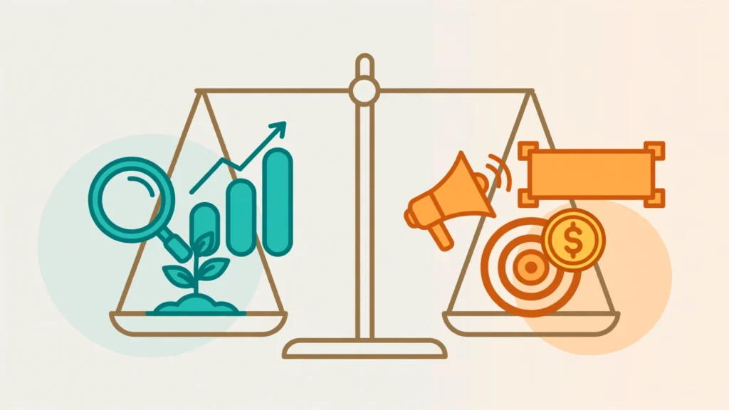 Flat vector illustration of a balance scale weighing SEO vs PPC strategies