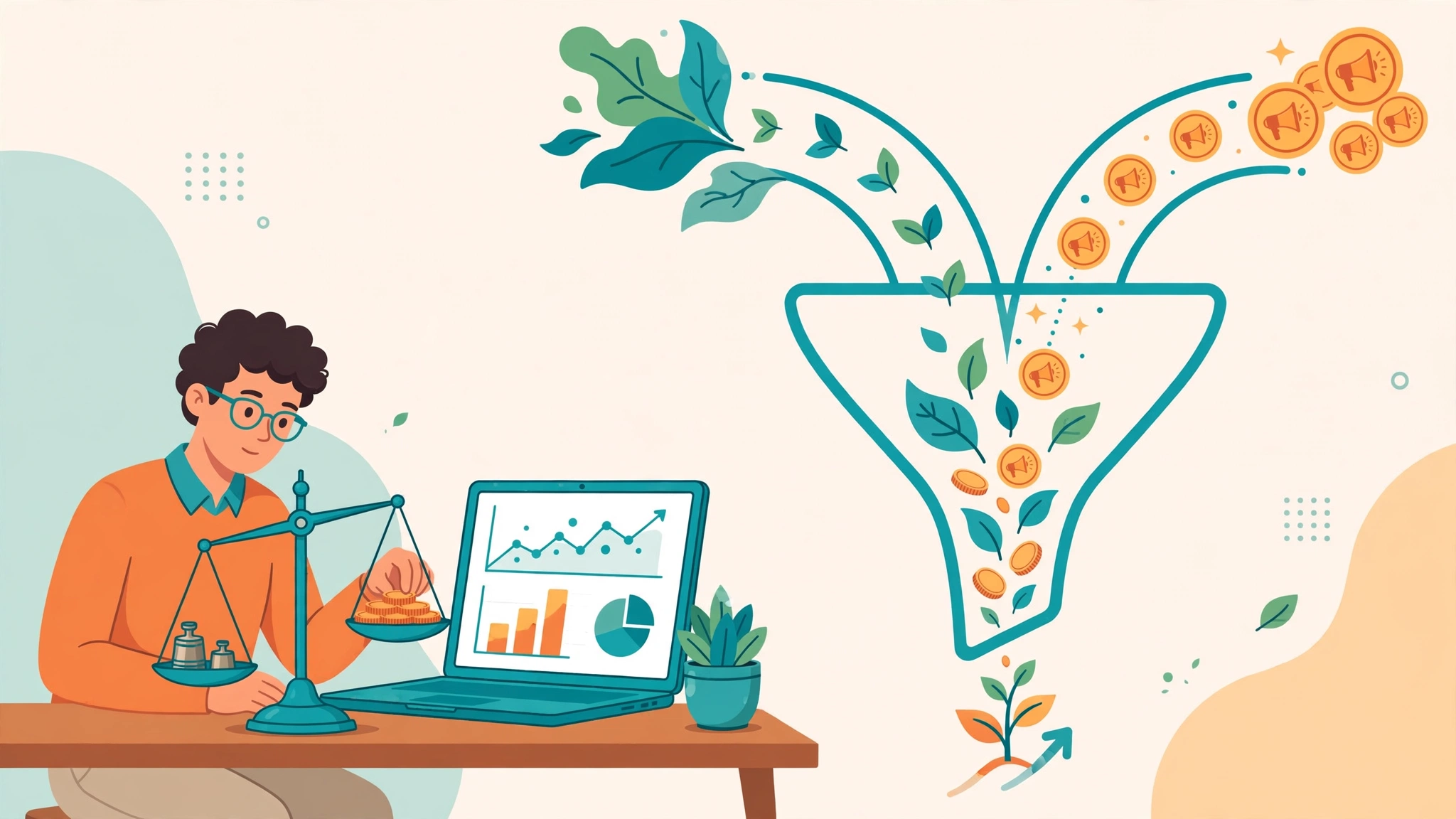 Flat vector illustration of a business owner combining SEO vs PPC into one marketing funnel