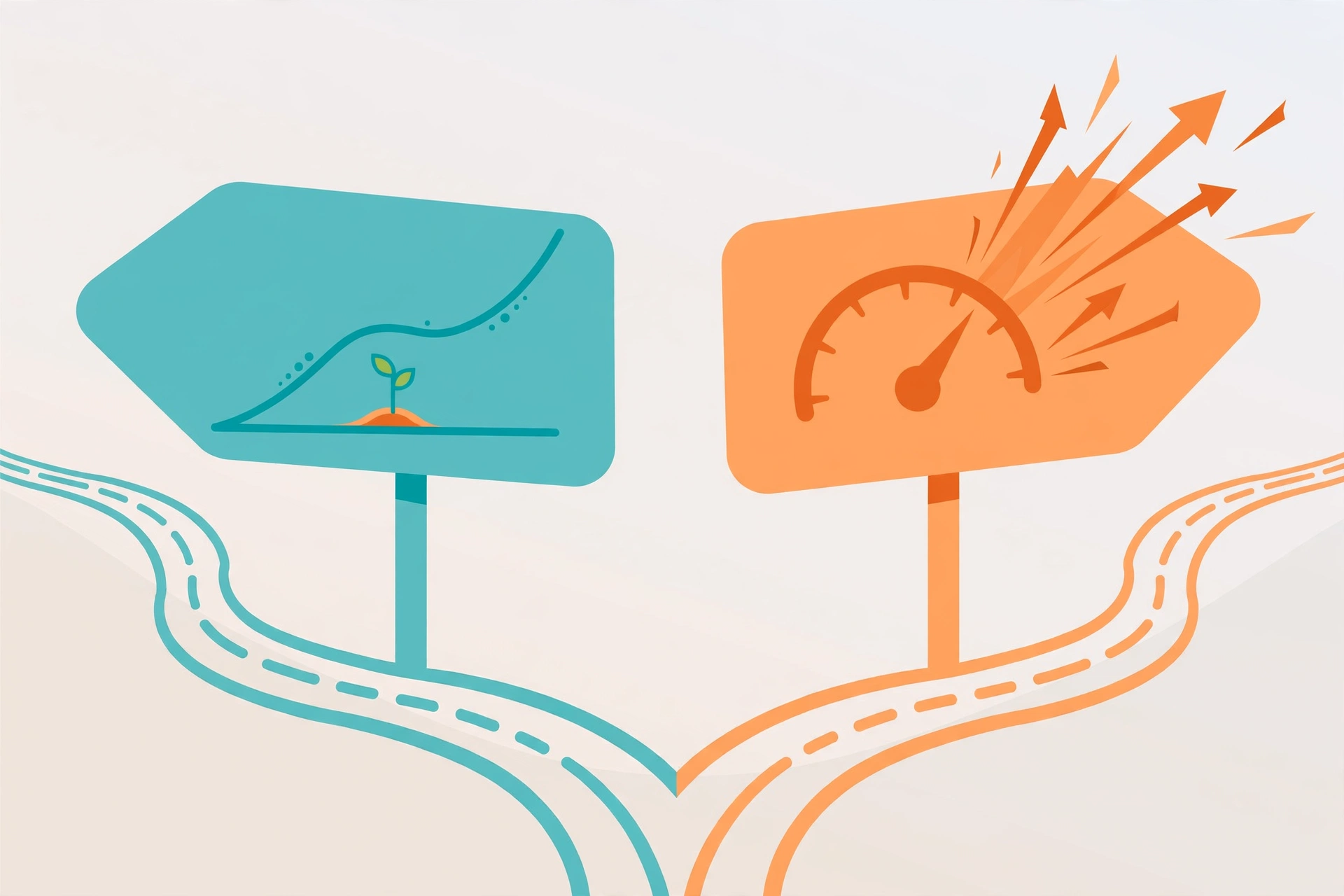Flat vector illustration of two diverging paths showing SEO vs PPC growth timelines