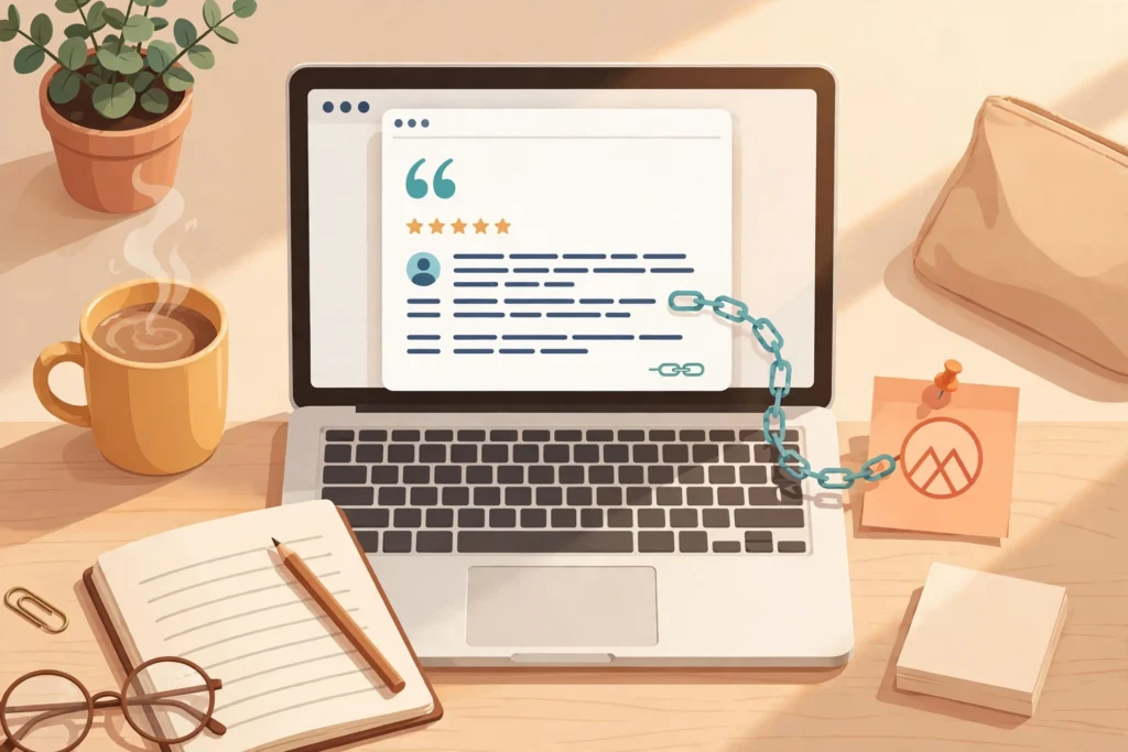 Illustration showing how testimonial link building earns backlinks from products you use