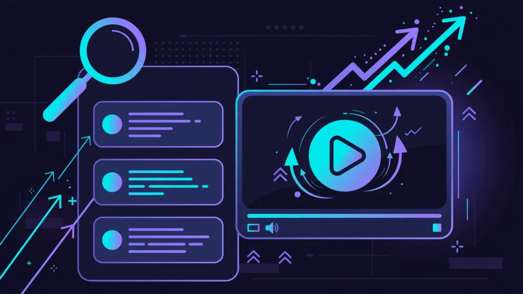 Video SEO guide — flat vector illustration of a video player rising in search results