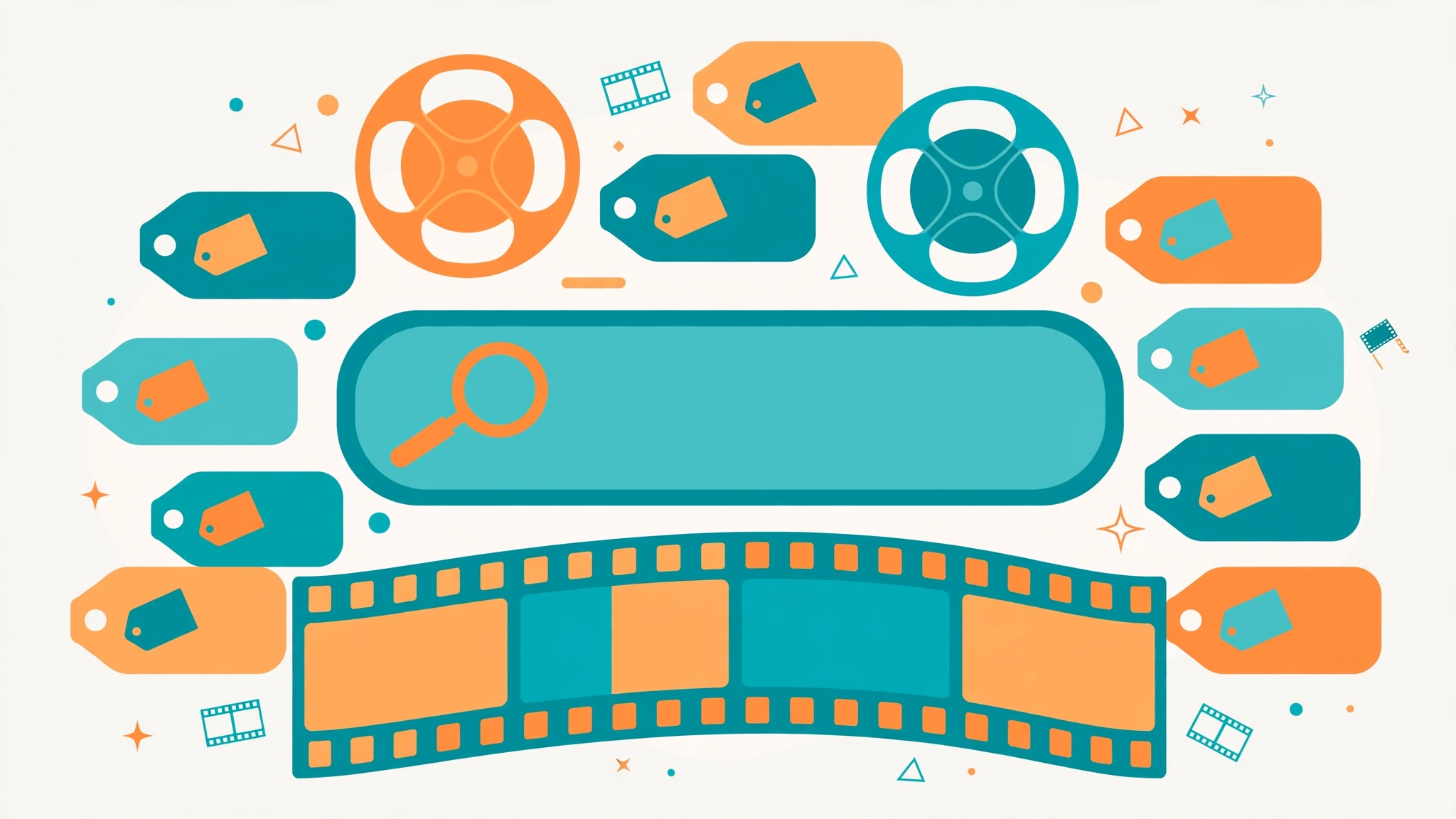 video SEO keyword research — tags and a film strip around a search bar with a magnifying glass