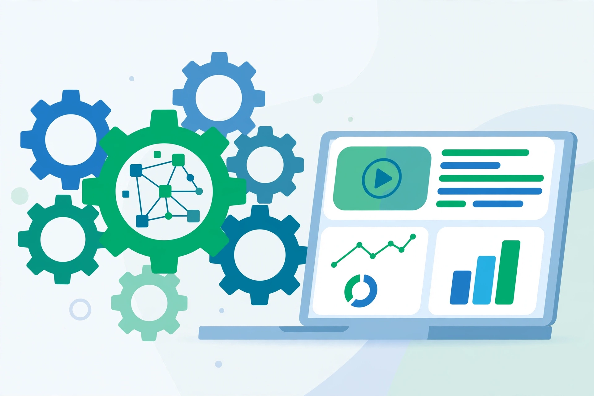 video SEO schema markup — gears beside a rich video result on a screen with analytics charts