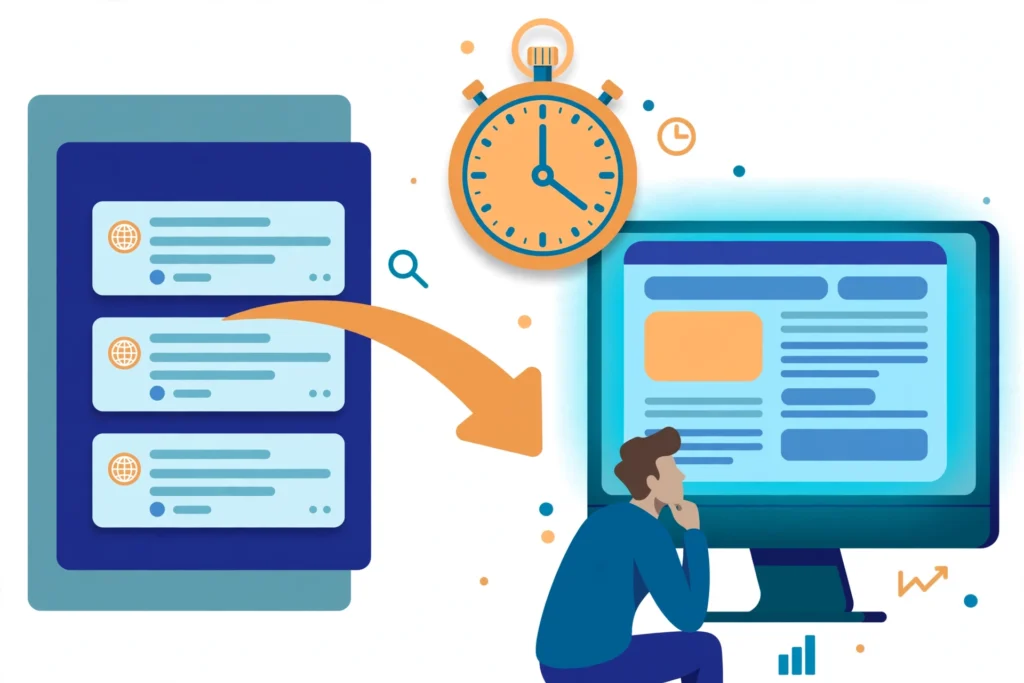 What is dwell time — visitor reading a webpage while a stopwatch measures their stay