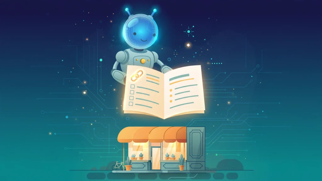 Flat illustration of an AI assistant reading an llms.txt Markdown file above a small business storefront, representing what is llms.txt