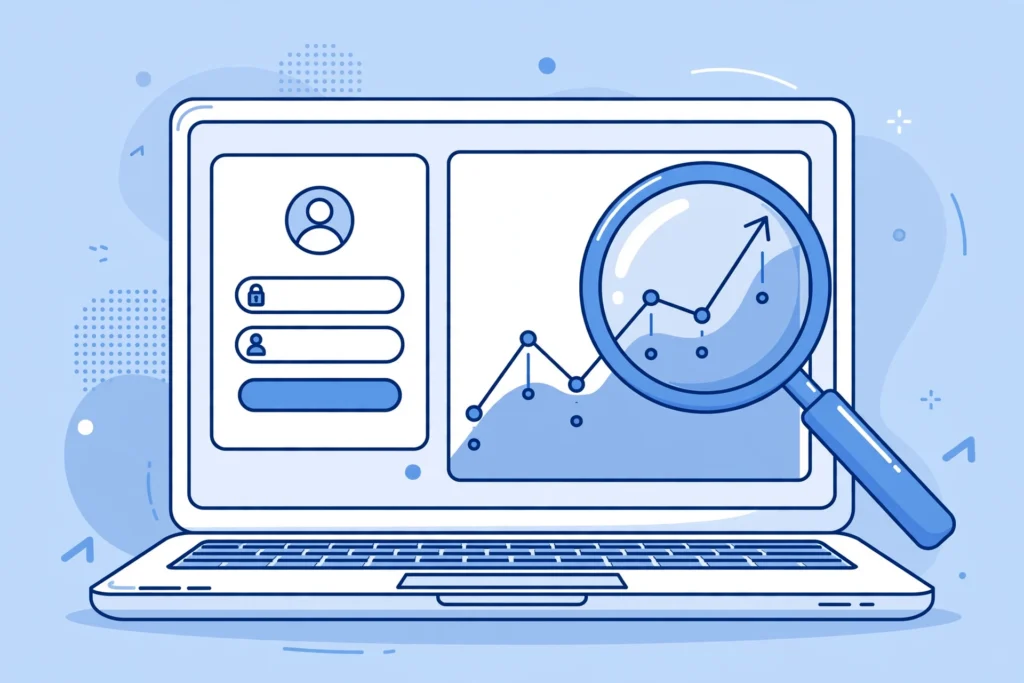 WordPress SEO — WordPress dashboard on a laptop with a rising search rankings chart illustration