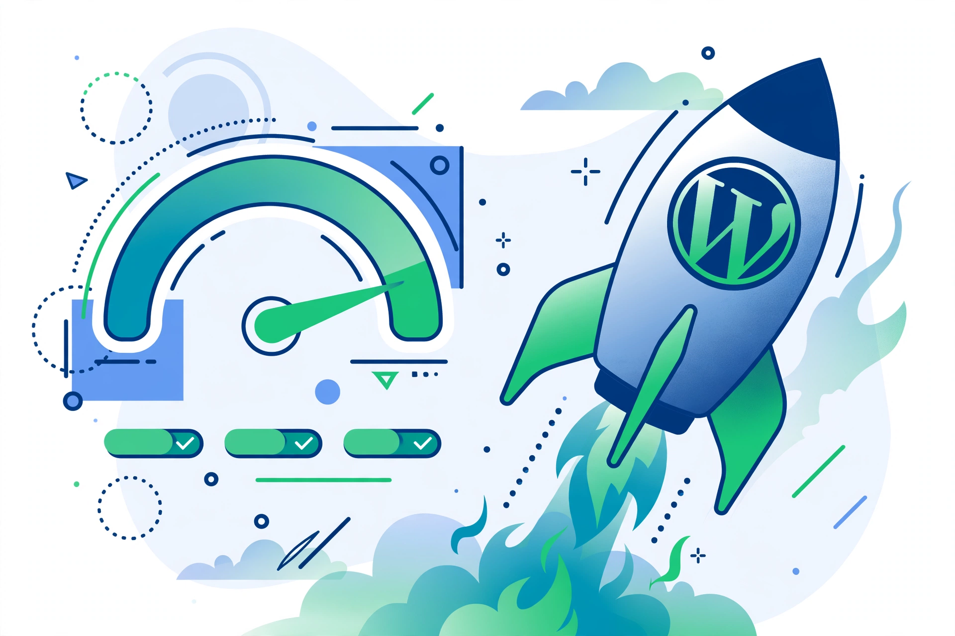 WordPress SEO speed optimization — website speed gauge with green fast Core Web Vitals scores illustration